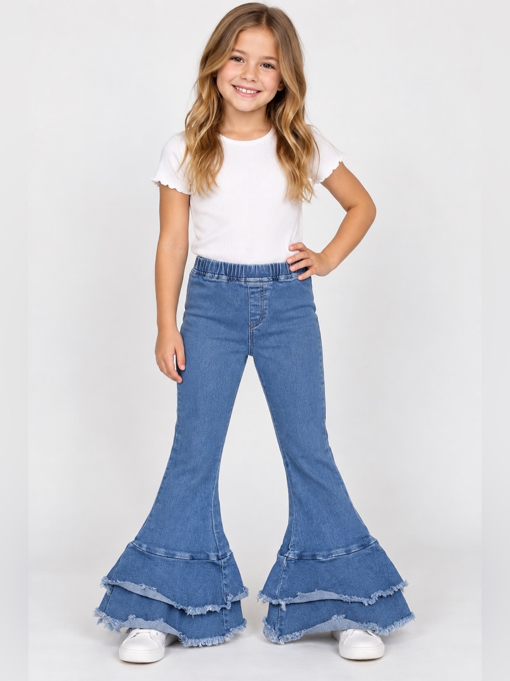 Rare Editions Girls Size 7 Denim Bell Bottom Jeans Ruffle Frayed Hem Flare Boho